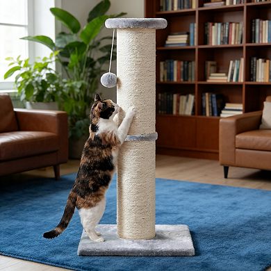 32 Inch Light Gray Sisal Cat Scratching Post with Hanging Ball