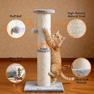 32 Inch Light Gray Sisal Cat Scratching Post with Hanging Ball
