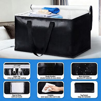 6 Pack 93L Black Moving Bags Foldable With Zipper And Handles