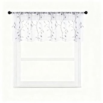 Sheer Voile Valance Leaves Embroidered Rod Pocket Window Curtain 54x16 Inch