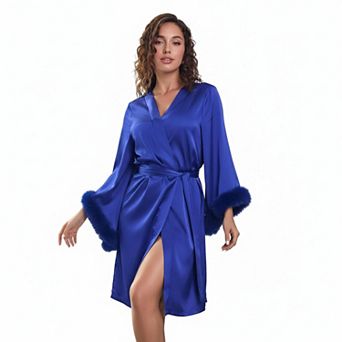 Satin Bridal Bridesmaids Robe Faux Trim Bell Sleeves Wedding Dressing Gown