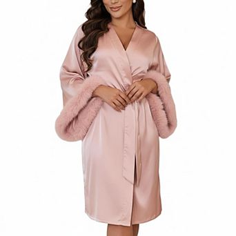 Satin Bridal Bridesmaids Robe Faux Trim Bell Sleeves Wedding Dressing Gown