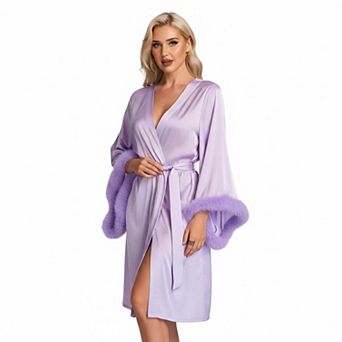 Satin Bridal Bridesmaids Robe Faux Trim Bell Sleeves Wedding Dressing Gown