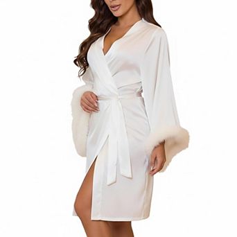 Satin Bridal Bridesmaids Robe Faux Trim Bell Sleeves Wedding Dressing Gown