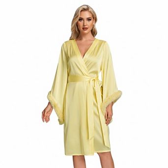 Satin Bridal Bridesmaids Robe Faux Trim Bell Sleeves Wedding Dressing Gown
