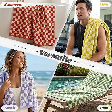 Black White Checkered Bath Towels Set Quick Dry Cotton 27.5x55 Inch