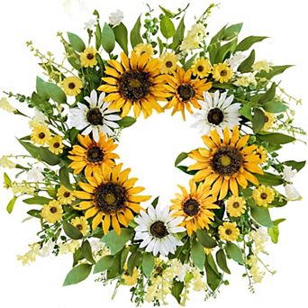 20 Inch Artificial Spring Summer Wreath Silk Sunflowers Green Leaves Front Door Wall Decor
