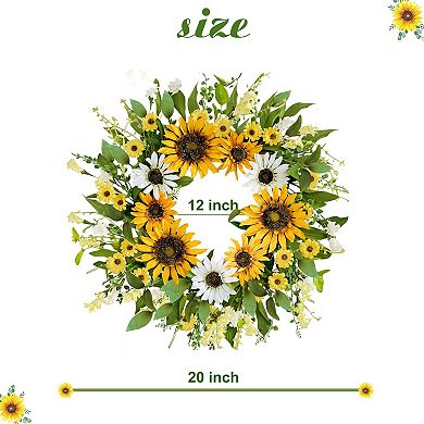 20 Inch Artificial Spring Summer Wreath Silk Sunflowers Green Leaves Front Door Wall Decor