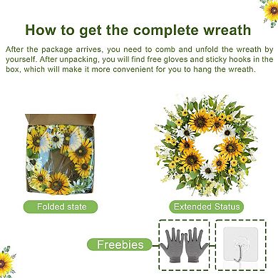 20 Inch Artificial Spring Summer Wreath Silk Sunflowers Green Leaves Front Door Wall Decor