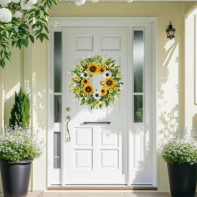 20 Inch Artificial Spring Summer Wreath Silk Sunflowers Green Leaves Front Door Wall Decor