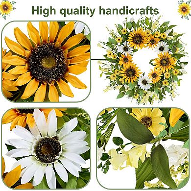 20 Inch Artificial Spring Summer Wreath Silk Sunflowers Green Leaves Front Door Wall Decor