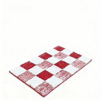 Bath Mat Checkered Microfiber Absorbent Non Slip Washable Cream Plush Bathroom Rug Soft Backing