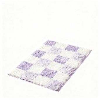 Bath Mat Checkered Microfiber Absorbent Non Slip Washable Cream Plush Bathroom Rug Soft Backing