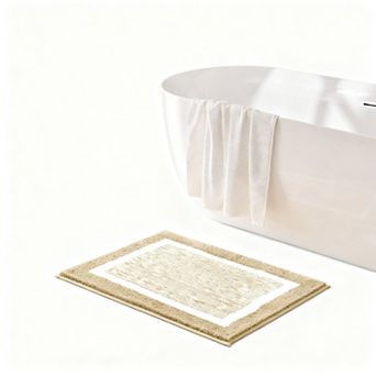 Bath Mat Checkered Microfiber Absorbent Non Slip Washable Cream Plush Bathroom Rug Soft Backing