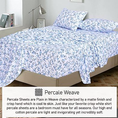 Cotton Percale Sheets 4 Piece Breathable Floral Deep Pocket Crisp Soft Lightweight