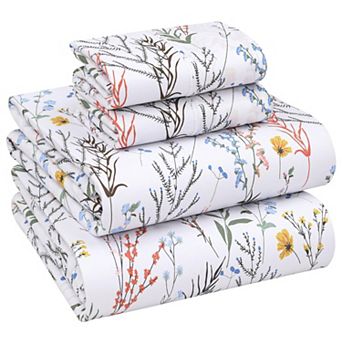 Cotton Percale Sheets 4 pc Breathable Floral Deep Pocket Crisp Soft Lightweight