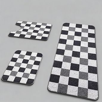 Black Chenille Bath Rug Set 3 pc Checkered Shaggy Absorbent Runner