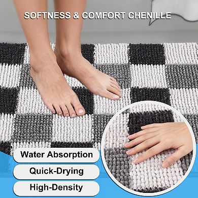 Black Chenille Bath Rug Set 3-Piece Checkered Shaggy Absorbent Runner