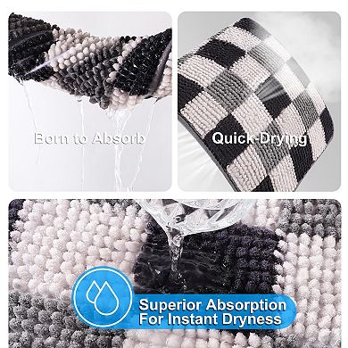 Black Chenille Bath Rug Set 3-Piece Checkered Shaggy Absorbent Runner