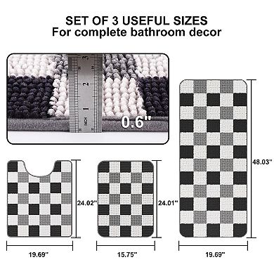 Black Chenille Bath Rug Set 3-Piece Checkered Shaggy Absorbent Runner