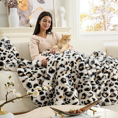 Leopard Print Faux Fur Throw Blanket Soft Plush Bubble