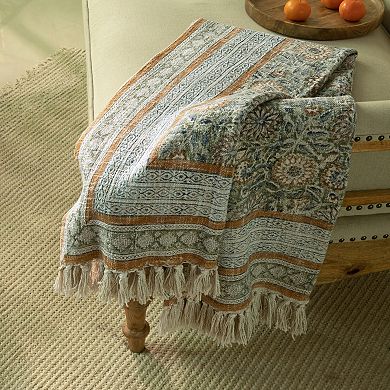 Handblock Printed Throw Blanket 50"x60" Fringed Cotton