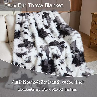 Luxury Faux Rabbit Fur Throw Blanket 50x60 Cow Print