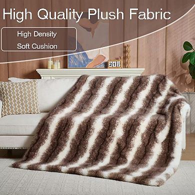 Luxury Faux Rabbit Fur Throw Blanket 50x60 Brown Stripe