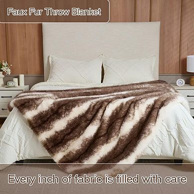 Luxury Faux Rabbit Fur Throw Blanket 50x60 Brown Stripe