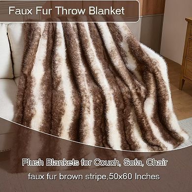 Luxury Faux Rabbit Fur Throw Blanket 50x60 Brown Stripe