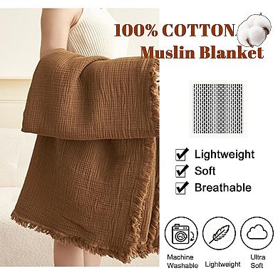 Muslin Throw Blanket 4-Layer Gauze Cotton Boho Fringe Lightweight All Seasons