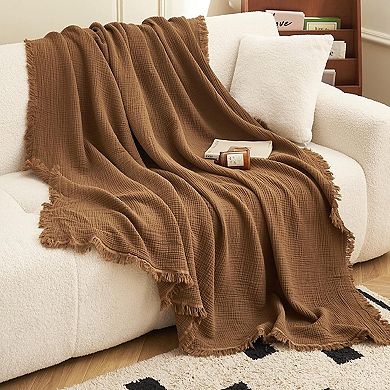 Muslin Throw Blanket 4-Layer Gauze Cotton Boho Fringe Lightweight All Seasons