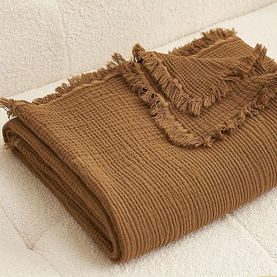 Muslin Throw Blanket 4-Layer Gauze Cotton Boho Fringe Lightweight All Seasons
