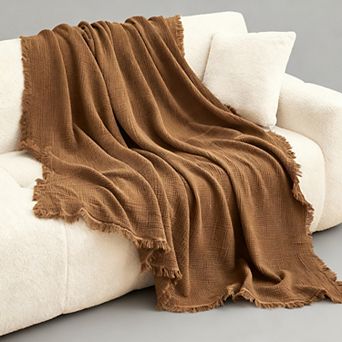 Muslin Throw Blanket 4-Layer Gauze Cotton Boho Fringe Lightweight All Seasons