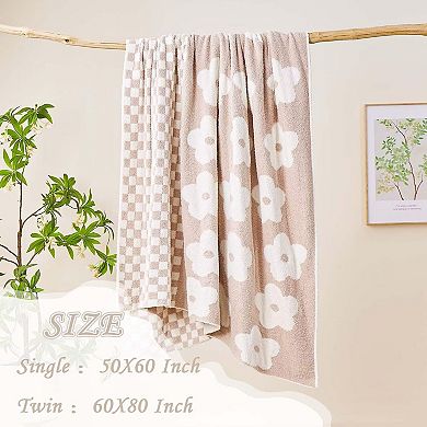 Checkered Knit Blanket Soft Reversible Floral Throw