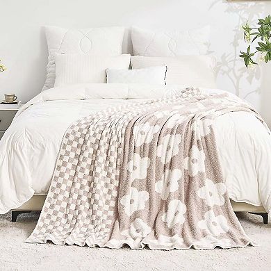 Checkered Knit Blanket Soft Reversible Floral Throw