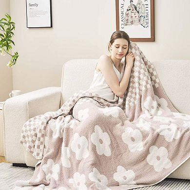 Checkered Knit Blanket Soft Reversible Floral Throw