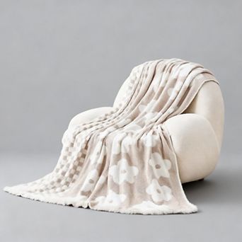 Checkered Knit Blanket Soft Reversible Floral Throw