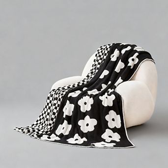 Checkered Knit Blanket Soft Reversible Floral Throw