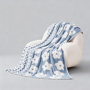 Checkered Knit Blanket Soft Reversible Floral Throw