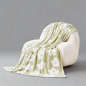 Checkered Knit Blanket Soft Reversible Floral Throw
