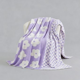 Checkered Knit Blanket Soft Reversible Floral Throw