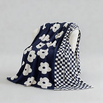 Checkered Knit Blanket Soft Reversible Floral Throw