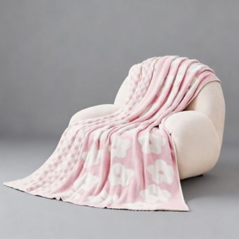 Checkered Knit Blanket Soft Reversible Floral Throw