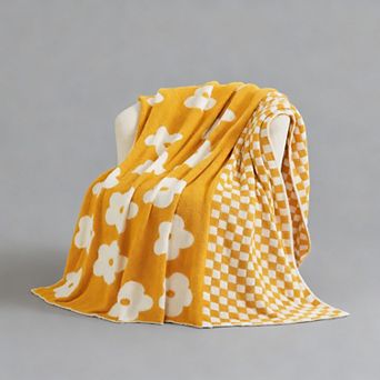 Checkered Knit Blanket Soft Reversible Floral Throw