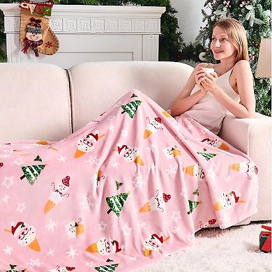 Christmas Blanket Pink Snowman Snowflake Santa Xmas Tree Throw