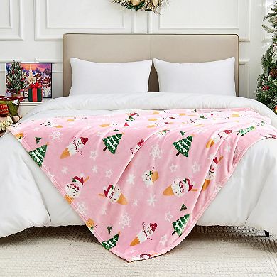Christmas Blanket Pink Snowman Snowflake Santa Xmas Tree Throw