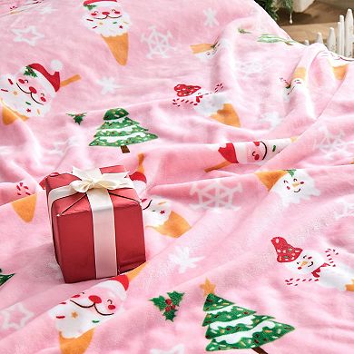 Christmas Blanket Pink Snowman Snowflake Santa Xmas Tree Throw