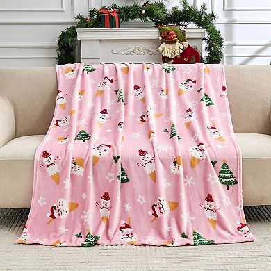 Christmas Blanket Pink Snowman Snowflake Santa Xmas Tree Throw