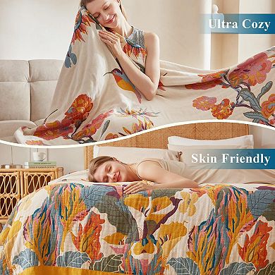 Boho Cotton Throw Blanket Reversible Lightweight Soft Summer Bed Quilt